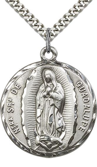 STERLING SILVER OUR LADY OF GUADALUPE PENDANT WITH CHAIN - 1 1/4" x 1"