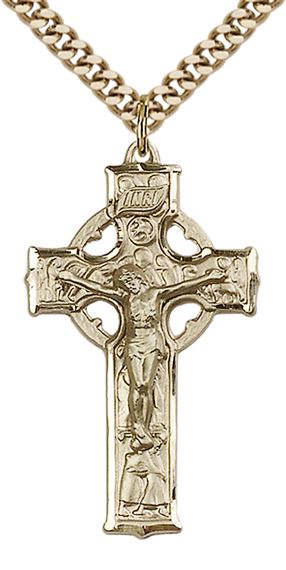 14KT GOLD FILLED CELTIC CRUCIFIX PENDANT WITH CHAIN - 1 3/8" x 3/4"