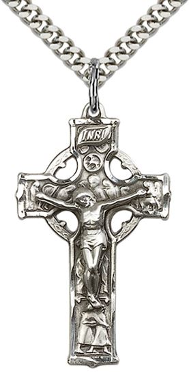 STERLING SILVER CELTIC CRUCIFIX PENDANT WITH CHAIN - 1 3/8" x 3/4"