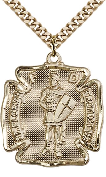 14KT GOLD FILLED ST FLORIAN PENDANT WITH CHAIN - 1 1/8" x 1"