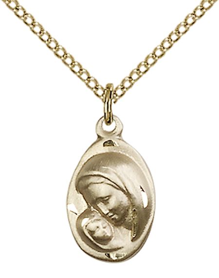 14KT GOLD FILLED MADONNA & CHILD PENDANT WITH CHAIN - 5/8" x 3/8"