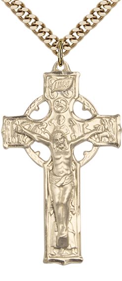 14KT GOLD FILLED CELTIC CRUCIFIX PENDANT WITH CHAIN - 1 1/2" x 7/8"