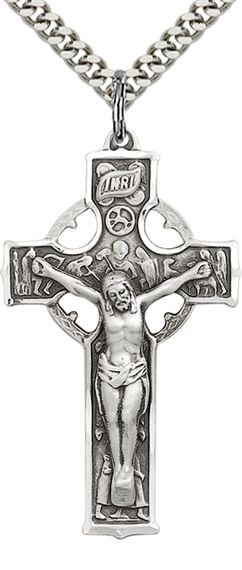 STERLING SILVER CELTIC CRUCIFIX PENDANT WITH CHAIN - 1 1/2" x 7/8"