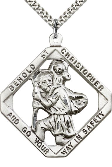 STERLING SILVER ST CHRISTOPHER PENDANT WITH CHAIN - 1 3/4" x 1&quot; 1/2"