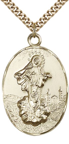 14KT GOLD FILLED OUR LADY OF MEDUGORJE PENDANT WITH CHAIN - 1 3/8" x 7/8"