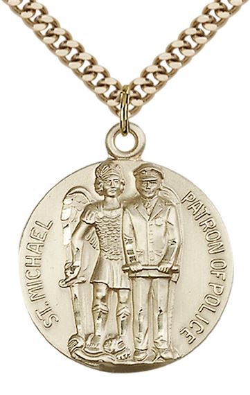 14KT GOLD FILLED ST MICHAEL THE ARCHANGEL PENDANT WITH CHAIN - 1" x 7/8"