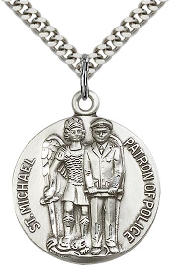 STERLING SILVER ST MICHAEL THE ARCHANGEL PENDANT WITH CHAIN - 1" x 7/8"