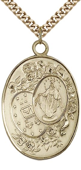 14KT GOLD FILLED MIRACULOUS PENDANT WITH CHAIN - 1 3/8" x 7/8"