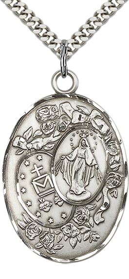 STERLING SILVER MIRACULOUS PENDANT WITH CHAIN - 1 3/8" x 7/8"