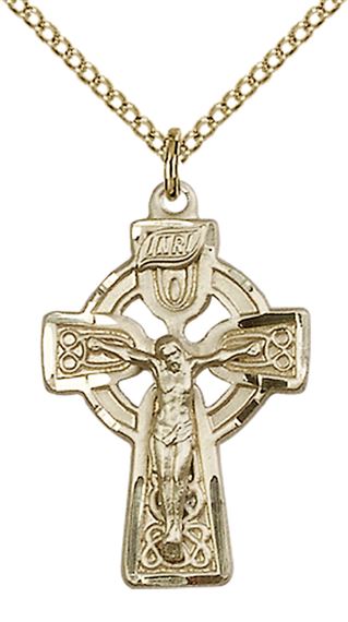 14KT GOLD FILLED CELTIC CRUCIFIX PENDANT WITH CHAIN - 1" x 5/8"