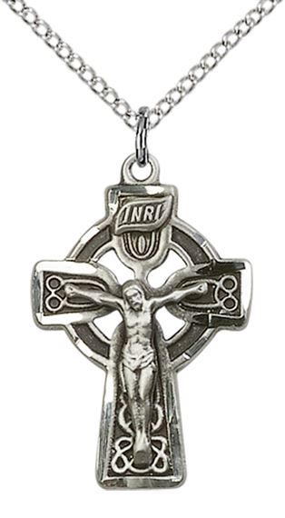STERLING SILVER CELTIC CRUCIFIX PENDANT WITH CHAIN - 1" x 5/8"