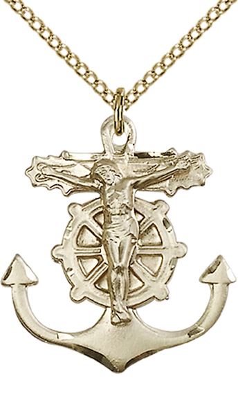 14KT GOLD FILLED ANCHOR CRUCIFIX PENDANT WITH CHAIN - 1" x 7/8"