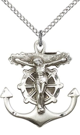 STERLING SILVER ANCHOR CRUCIFIX PENDANT WITH CHAIN - 1" x 7/8"