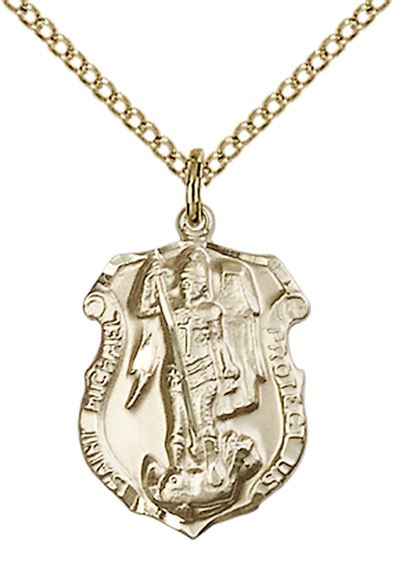 14KT GOLD FILLED ST MICHAEL THE ARCHANGEL SHIELD PENDANT WITH CHAIN - 3/4" x 1/2"