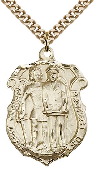 14KT GOLD FILLED ST MICHAEL THE ARCHANGEL POLICE SHIELD PENDANT WITH CHAIN - 1 1/4" x 3/4"
