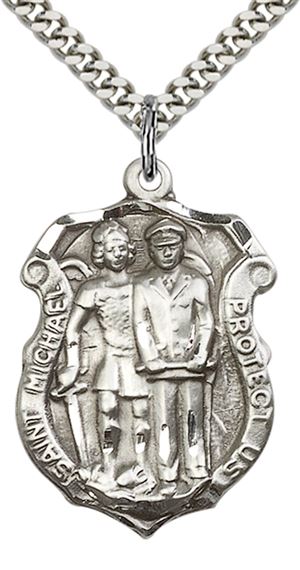 STERLING SILVER ST MICHAEL THE ARCHANGEL POLICE SHIELD PENDANT WITH CHAIN - 1 1/4" x 3/4"