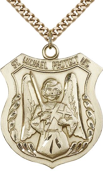 14KT GOLD FILLED ST MICHAEL THE ARCHANGEL PENDANT WITH CHAIN - 1 3/8" x 1 1/8"