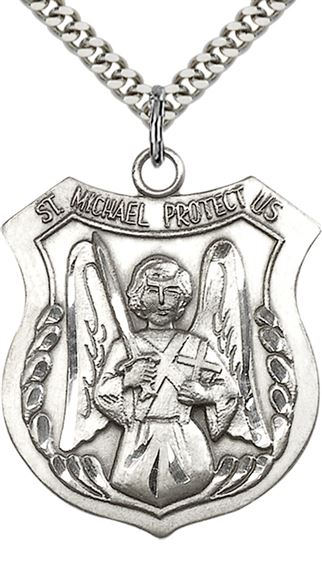 STERLING SILVER ST MICHAEL THE ARCHANGEL PENDANT WITH CHAIN - 1 3/8" x 1 1/8"