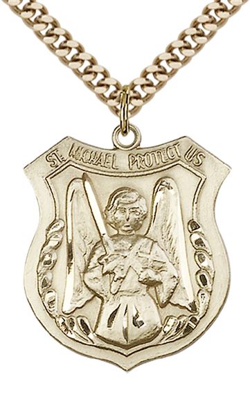14KT GOLD FILLED ST MICHAEL THE ARCHANGEL PENDANT WITH CHAIN - 1" x 7/8"