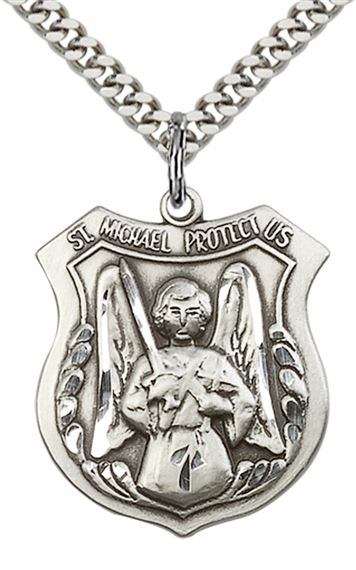 STERLING SILVER ST MICHAEL THE ARCHANGEL PENDANT WITH CHAIN - 1" x 7/8"