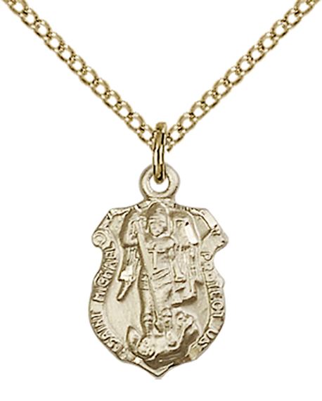 14KT GOLD FILLED ST MICHAEL THE ARCHANGEL SHIELD PENDANT WITH CHAIN - 5/8" x 3/8"