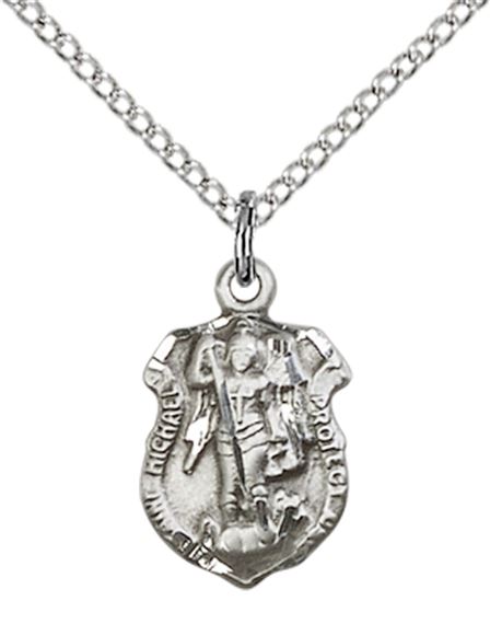 STERLING SILVER ST MICHAEL THE ARCHANGEL SHIELD PENDANT WITH CHAIN - 5/8" x 3/8"