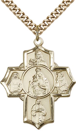 14KT GOLD FILLED OUR LADY OF MOUNT CARMEL 4-WAY PENDANT WITH CHAIN - 1 1/4" x 1"