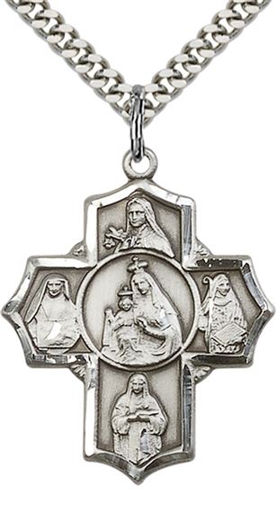 STERLING SILVER OUR LADY OF MOUNT CARMEL 4-WAY PENDANT WITH CHAIN - 1 1/4" x 1"