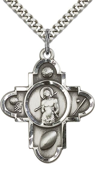 STERLING SILVER SPORTS 5-WAY ST SEBASTIAN PENDANT WITH CHAIN - 1 1/4" x 1"