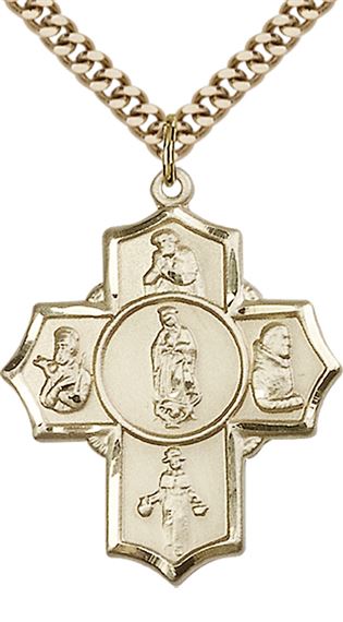 14KT GOLD FILLED GUADALUPE DIEGO PIO XAV NINO PENDANT WITH CHAIN - 1 1/4" x 1"