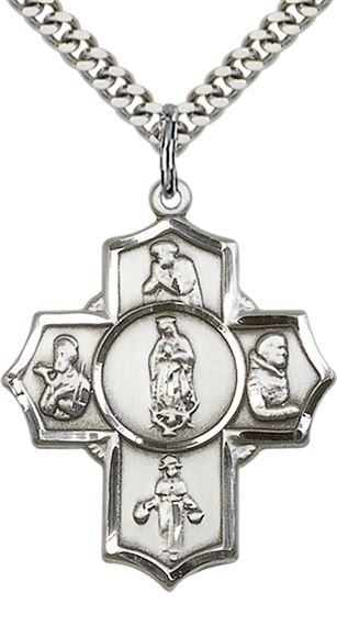 STERLING SILVER GUADALUPE DIEGO PIO XAV NINO PENDANT WITH CHAIN - 1 1/4" x 1"
