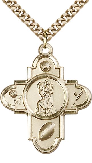 14KT GOLD FILLED SPORTS 5-WAY ST CHRISTOPHER PENDANT WITH CHAIN - 1 1/4" x 1"