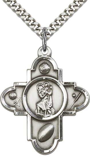 STERLING SILVER SPORTS 5-WAY ST CHRISTOPHER PENDANT WITH CHAIN - 1 1/4" x 1"
