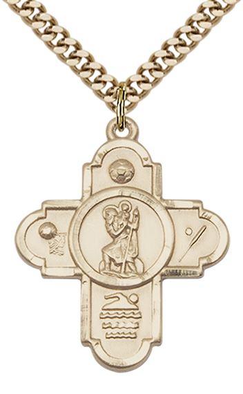 14KT GOLD FILLED 5-WAY ST CHRISTOPHER SPORTS PENDANT WITH CHAIN - 1 1/8" x 7/8"