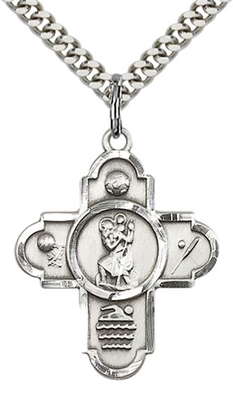 STERLING SILVER 5-WAY ST CHRISTOPHER SPORTS PENDANT WITH CHAIN - 1 1/8" x 7/8"