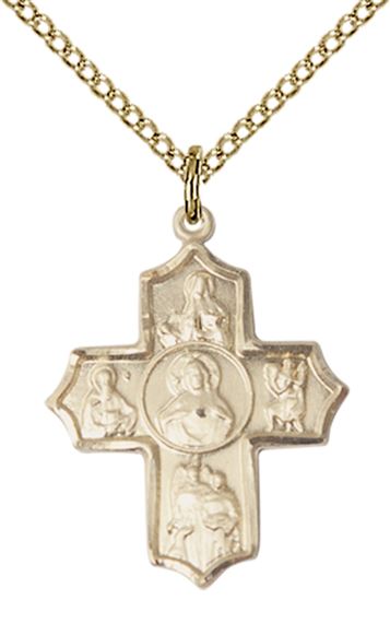 14KT GOLD FILLED SACRED HEART 5-WAY PENDANT WITH CHAIN - 7/8" x 3/4"