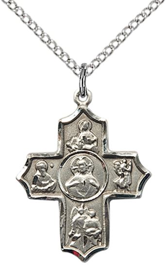 STERLING SILVER SACRED HEART 5-WAY PENDANT WITH CHAIN - 7/8" x 3/4"