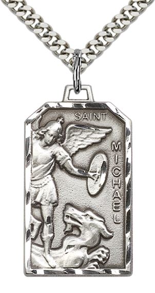 STERLING SILVER ST MICHAEL THE ARCHANGEL PENDANT WITH CHAIN - 1 1/8" x 5/8"