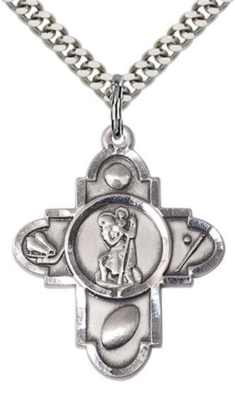 STERLING SILVER ST CHRISTOPHER 5-WAY PENDANT WITH CHAIN - 1 1/8" x 7/8"