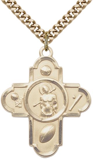 14KT GOLD FILLED 5-WAY ST SEBASTIAN PENDANT WITH CHAIN - 1 1/8" x 1"