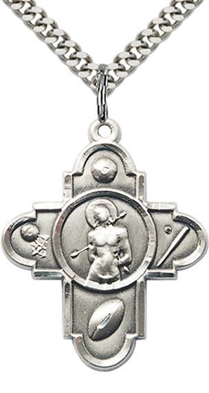 STERLING SILVER 5-WAY ST SEBASTIAN PENDANT WITH CHAIN - 1 1/8" x 1"