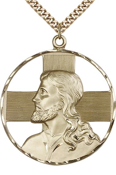 14KT GOLD FILLED CHRIST PROFILE PENDANT WITH CHAIN - 1 5/8" x 1 3/8"