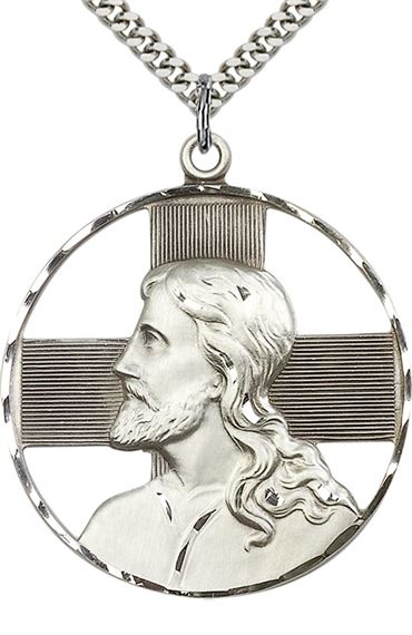 STERLING SILVER CHRIST PROFILE PENDANT WITH CHAIN - 1 5/8" x 1 3/8"