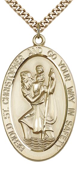 14KT GOLD FILLED ST CHRISTOPHER PENDANT WITH CHAIN - 1 5/8" x 1"