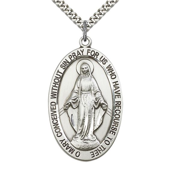 STERLING SILVER MIRACULOUS PENDANT WITH CHAIN - 1 5/8" x 1"