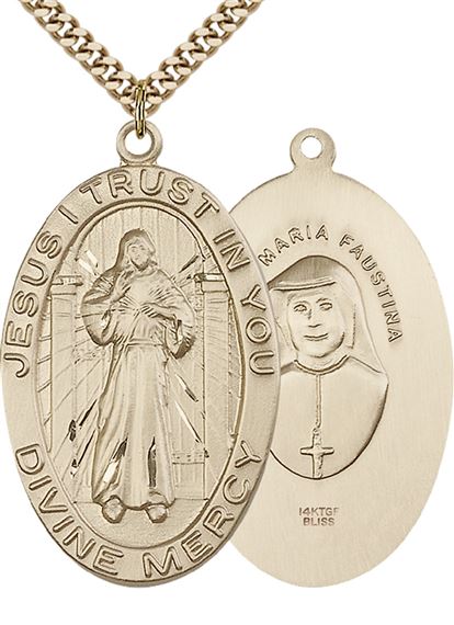 14KT GOLD FILLED DIVINE MERCY PENDANT WITH CHAIN - 1 5/8" x 1"