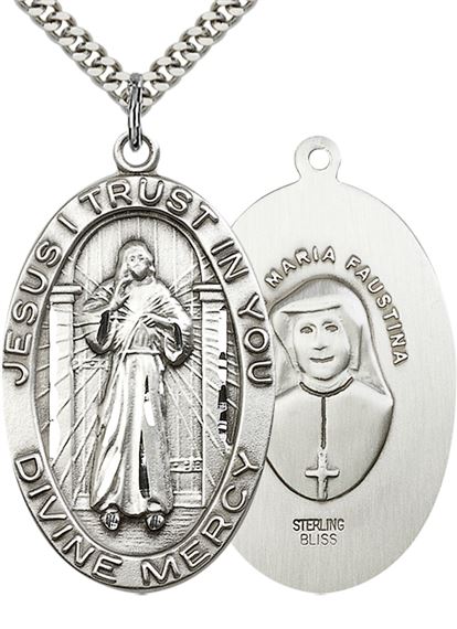 STERLING SILVER DIVINE MERCY PENDANT WITH CHAIN - 1 5/8" x 1"