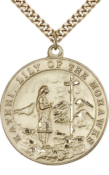 14KT GOLD FILLED ST KATERI PENDANT WITH CHAIN - 1 1/4" x 1 1/8"