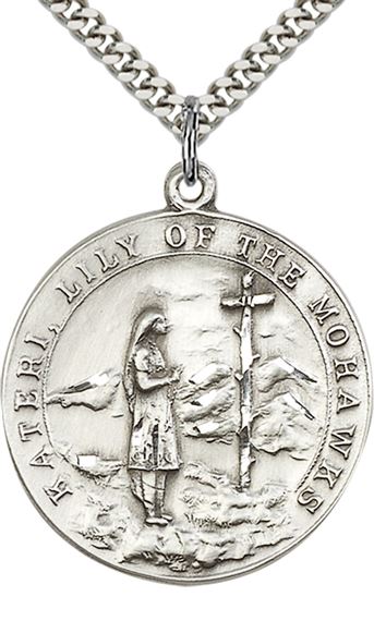 STERLING SILVER ST KATERI PENDANT WITH CHAIN - 1 1/4" x 1 1/8"