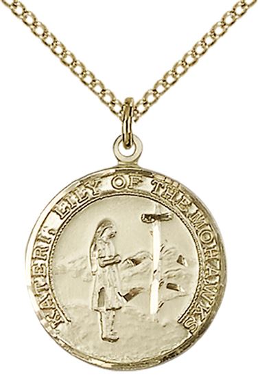 14KT GOLD FILLED ST KATERI PENDANT WITH CHAIN - 3/4" x 5/8"